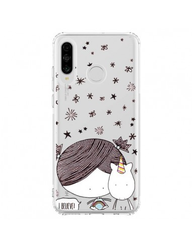 Coque Huawei P30 Lite Petite Fille et Licorne I Believe Transparente - Nico