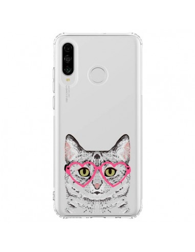 Coque Huawei P30 Lite Chat Gris Lunettes Coeurs Transparente - Pet Friendly