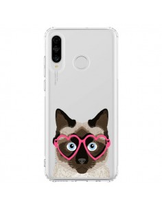 Coque Huawei P30 Lite Chat Marron Lunettes Coeurs...