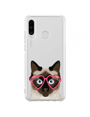 Coque Huawei P30 Lite Chat Marron Lunettes Coeurs Transparente - Pet Friendly