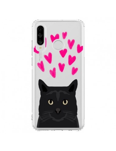 Coque Huawei P30 Lite Chat Noir Coeurs Transparente - Pet Friendly