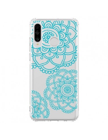 Coque Huawei P30 Lite Mandala Bleu Aqua Doodle Flower Transparente - Sylvia Cook