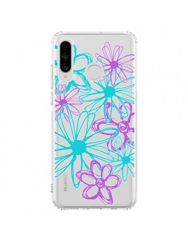 Coque Huawei P30 Lite Turquoise and Purple Flowers Fleurs Violettes Transparente - Sylvia Cook