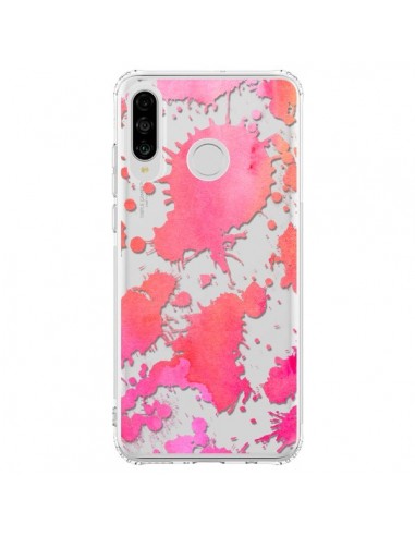 Coque Huawei P30 Lite Watercolor Splash Taches Rose Orange Transparente - Sylvia Cook