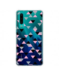 Coque Huawei P30 Triangles Pink Rose Noir Transparente -...