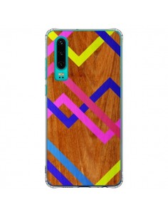 Coque Huawei P30 Pink Yellow Wooden Bois Azteque Aztec...