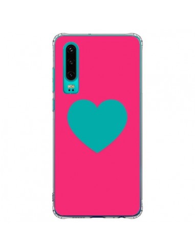 Coque Huawei P30 Coeur Bleu Fond Rose - Laetitia