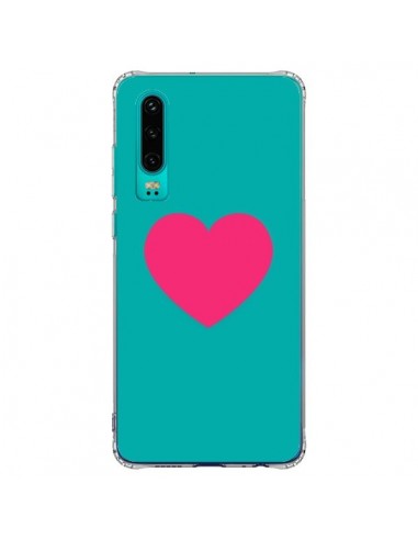 Coque Huawei P30 Coeur Rose Fond Bleu  - Laetitia