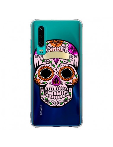 Coque Huawei P30 Tête de Mort Mexicaine Noir Rose Transparente - Laetitia