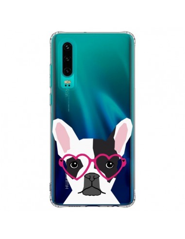 Coque Huawei P30 Bulldog Français Lunettes Coeurs Chien Transparente - Pet Friendly