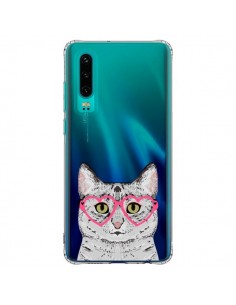 Coque Huawei P30 Chat Gris Lunettes Coeurs Transparente -...