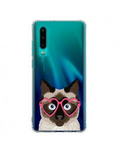 Coque Huawei P30 Chat Marron Lunettes Coeurs Transparente...