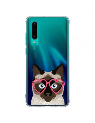 Coque Huawei P30 Chat Marron Lunettes Coeurs Transparente - Pet Friendly