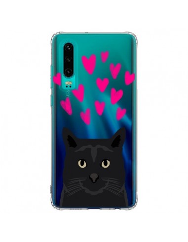 Coque Huawei P30 Chat Noir Coeurs Transparente - Pet Friendly