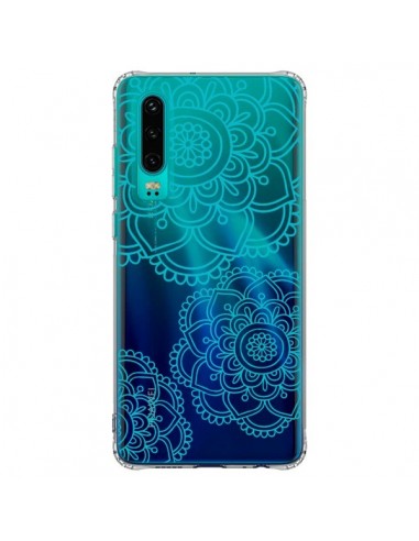 Coque Huawei P30 Mandala Bleu Aqua Doodle Flower Transparente - Sylvia Cook