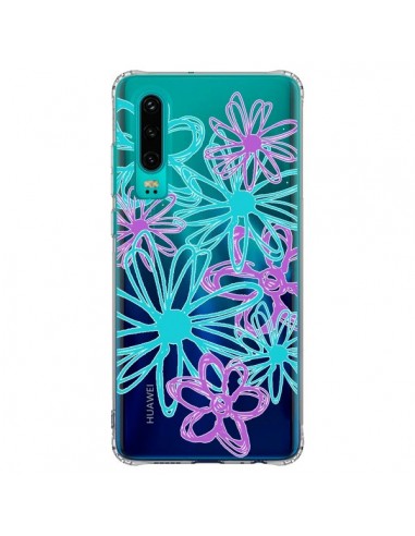 Coque Huawei P30 Turquoise and Purple Flowers Fleurs Violettes Transparente - Sylvia Cook