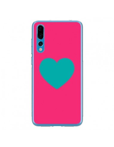 Coque Huawei P20 Pro Coeur Bleu Fond Rose - Laetitia