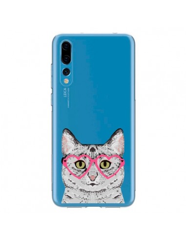 Coque Huawei P20 Pro Chat Gris Lunettes Coeurs Transparente - Pet Friendly