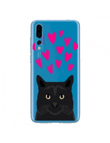 Coque Huawei P20 Pro Chat Noir Coeurs Transparente - Pet Friendly