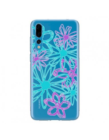 Coque Huawei P20 Pro Turquoise and Purple Flowers Fleurs Violettes Transparente - Sylvia Cook