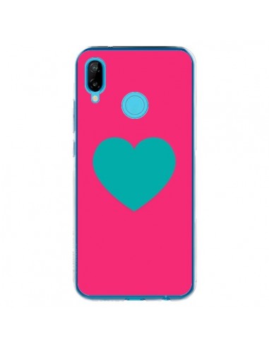 Coque Huawei P20 Lite Coeur Bleu Fond Rose - Laetitia