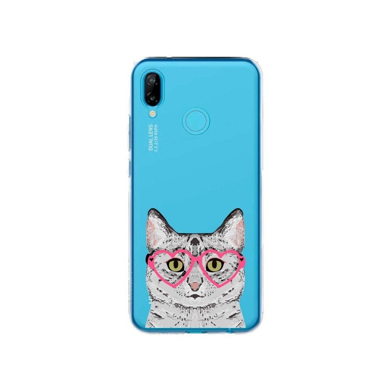 Coque Huawei P20 Lite Chat Gris Lunettes Coeurs Transparente - Pet Friendly