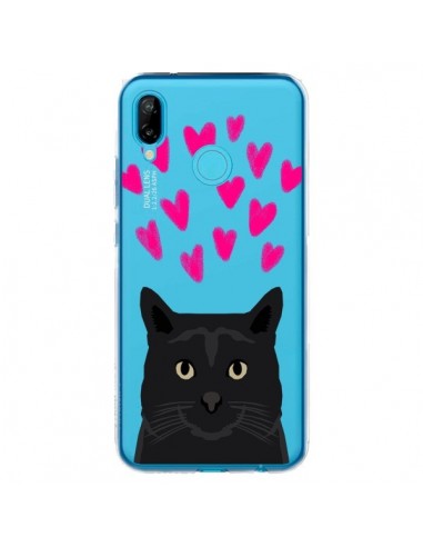 Coque Huawei P20 Lite Chat Noir Coeurs Transparente - Pet Friendly