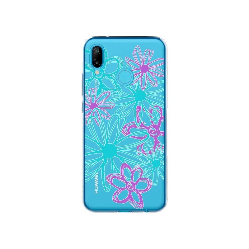 Coque Huawei P20 Lite Turquoise and Purple Flowers Fleurs Violettes Transparente - Sylvia Cook