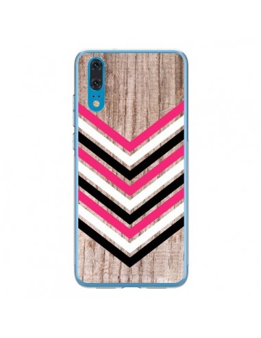 Coque Huawei P20 Tribal Aztèque Bois Wood Flèche Rose Blanc Noir - Laetitia