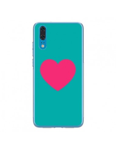 Coque Huawei P20 Coeur Rose Fond Bleu  - Laetitia