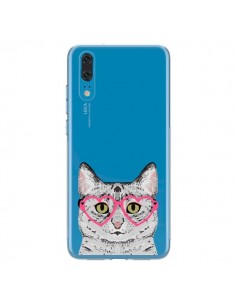 Coque Huawei P20 Chat Gris Lunettes Coeurs Transparente -...