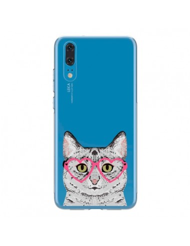 Coque Huawei P20 Chat Gris Lunettes Coeurs Transparente - Pet Friendly