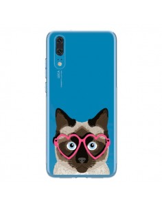Coque Huawei P20 Chat Marron Lunettes Coeurs Transparente...