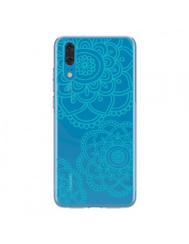 Coque Huawei P20 Mandala Bleu Aqua Doodle Flower Transparente - Sylvia Cook