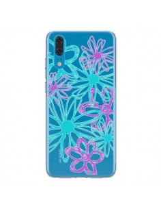 Coque Huawei P20 Turquoise and Purple Flowers Fleurs...