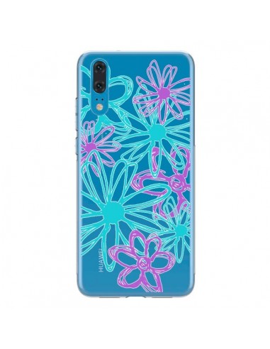 Coque Huawei P20 Turquoise and Purple Flowers Fleurs Violettes Transparente - Sylvia Cook