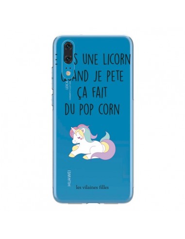 Coque Huawei P20 Je suis une licorne, quand je pète ça fait du pop corn Transparente - Les Vilaines Filles