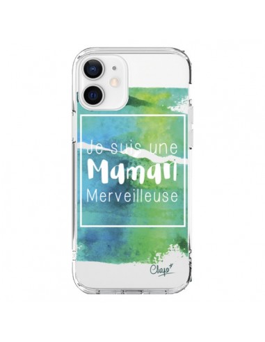 Coque iPhone 12 et 12 Pro Je suis une Maman Merveilleuse Bleu Vert Transparente - Chapo