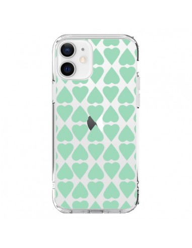 Coque iPhone 12 et 12 Pro Coeurs Heart Mint Bleu Vert Transparente - Project M