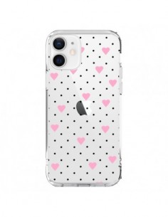 Cover iPhone 12 e 12 Pro Punti Cuori Rosa Trasparente -...