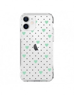 Coque iPhone 12 et 12 Pro Point Coeur Mint Bleu Vert Pin...