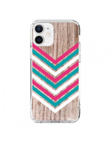 Coque iPhone 12 et 12 Pro Tribal Aztèque Bois Wood Flèche Rose Bleu - Laetitia