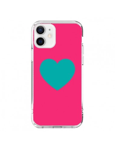 Coque iPhone 12 et 12 Pro Coeur Bleu Fond Rose - Laetitia