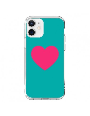 Coque iPhone 12 et 12 Pro Coeur Rose Fond Bleu  - Laetitia