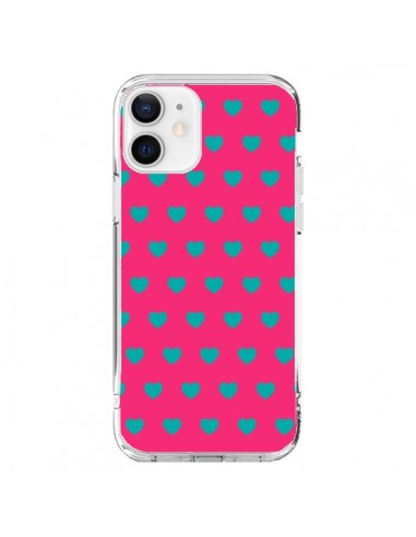 Coque iPhone 12 et 12 Pro Coeurs Bleus Fond Rose - Laetitia