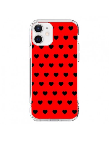 Coque iPhone 12 et 12 Pro Coeurs Noirs Fond Rouge - Laetitia