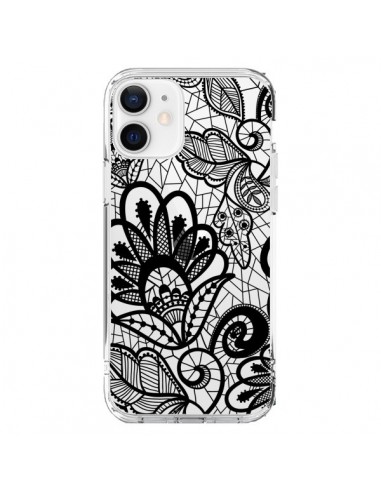 Coque iPhone 12 et 12 Pro Lace Fleur Flower Noir Transparente - Petit Griffin