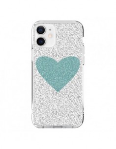 Coque iPhone 12 et 12 Pro Coeur Bleu Vert Argent Love -...