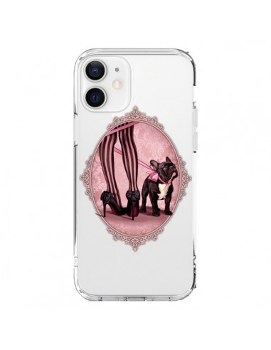 Coque iPhone 12 et 12 Pro Lady Jambes Chien Bulldog Dog Rose Pois Noir Transparente - Maryline Cazenave