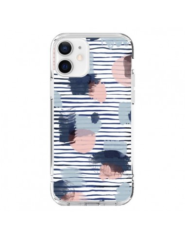 Coque iPhone 12 et 12 Pro Watercolor Stains Stripes Navy - Ninola Design